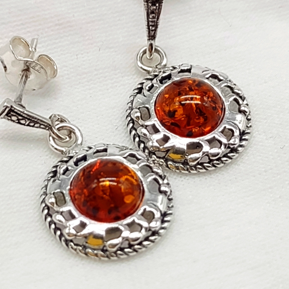 Sterling Silver Cognac Amber Disc Dangle Earrings